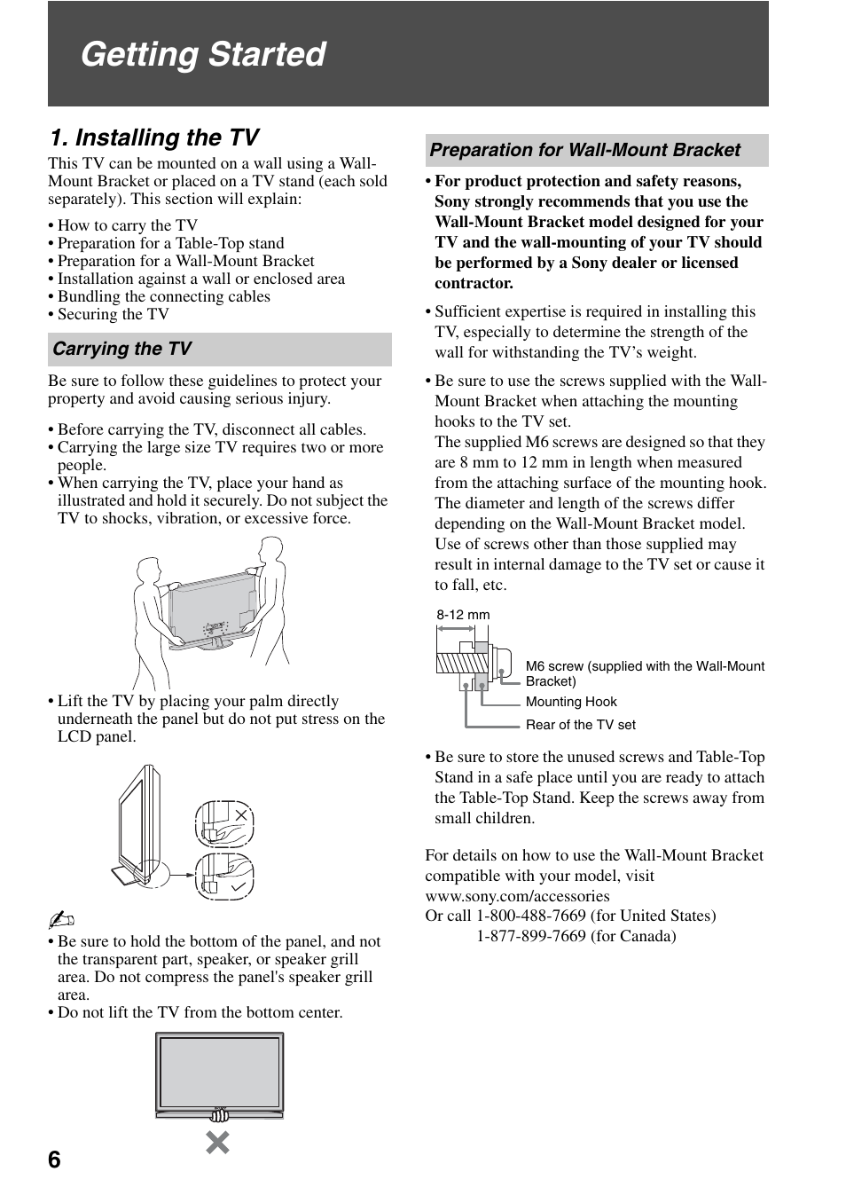 Getting started, Installing the tv, Carrying the tv | Preparation for wall-mount bracket, Carrying the tv preparation for wall-mount bracket | Sony KDL-52XBR7 User Manual | Page 6 / 60