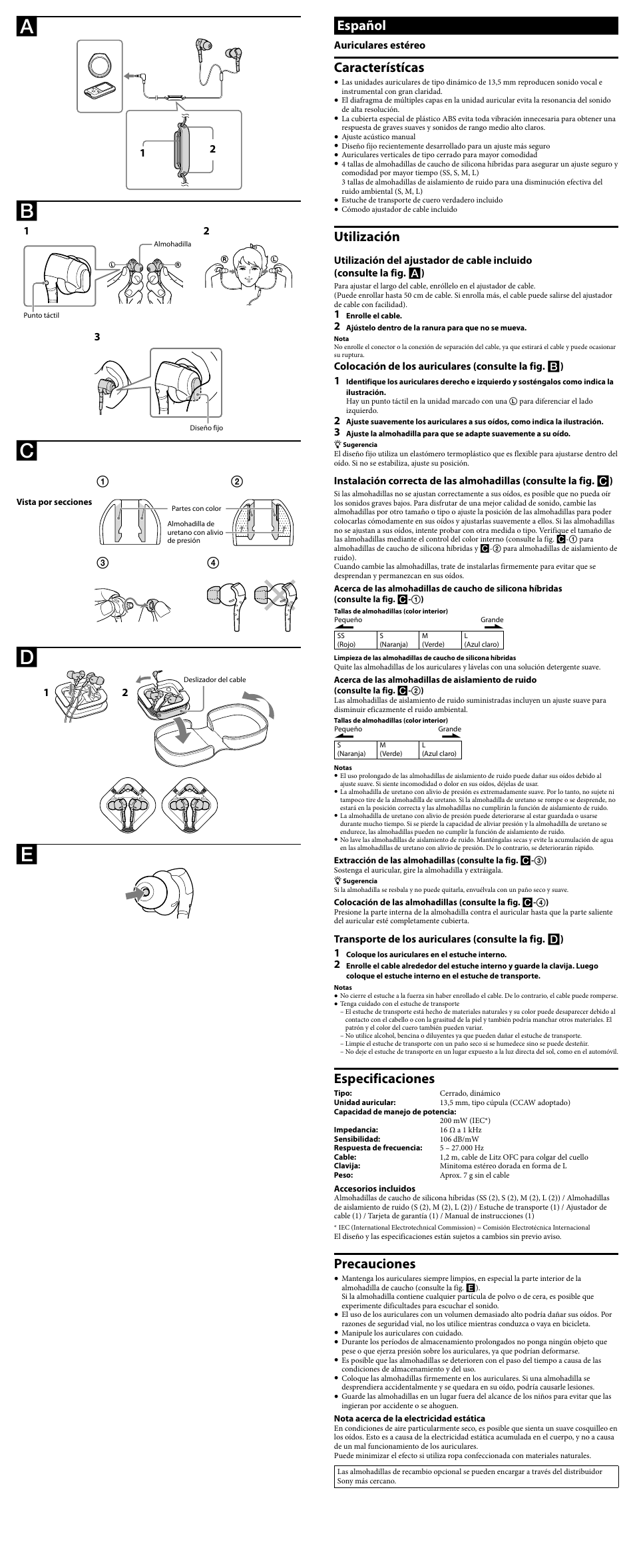 Español, Característícas, Utilización | Especificaciones, Precauciones | Sony MDR-EX510LP User Manual | Page 2 / 2