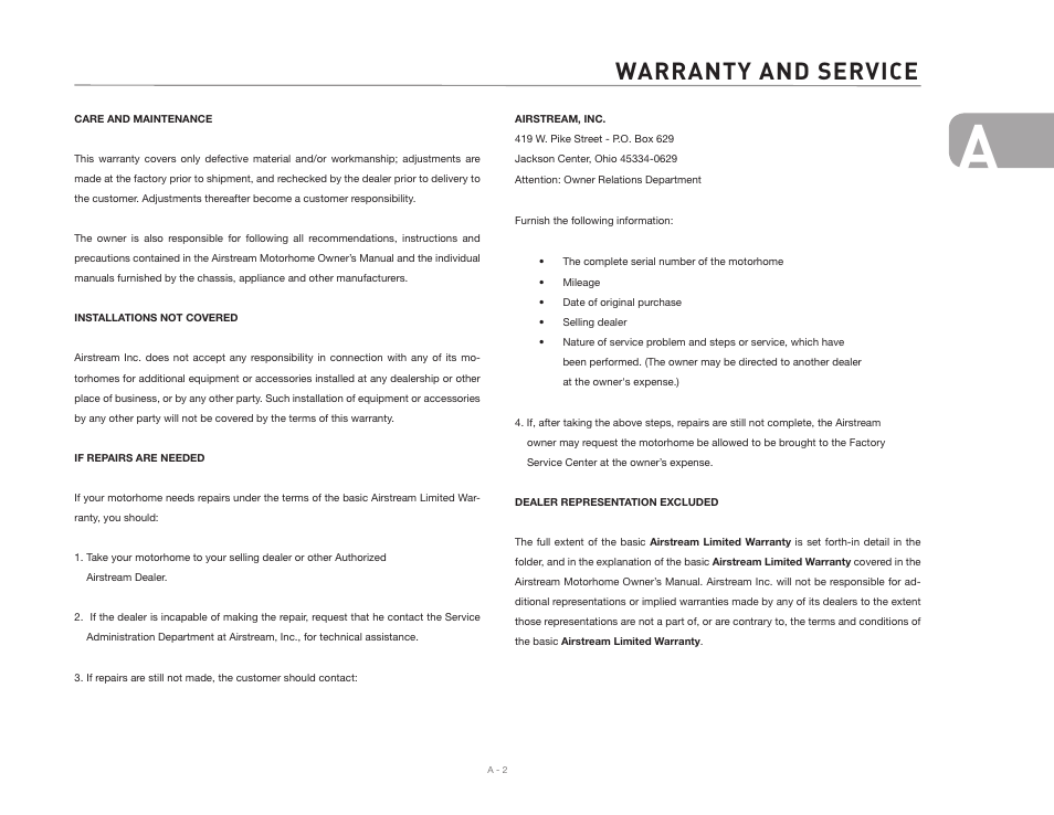 Warranty and service | Airstream 390 User Manual | Page 5 / 103