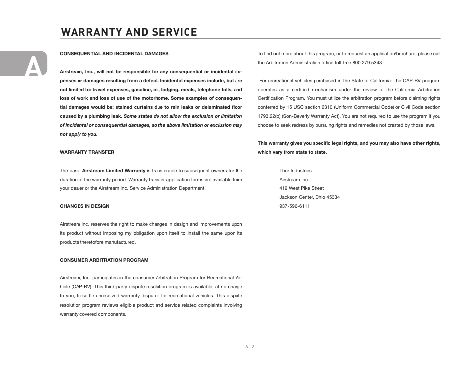 Warranty and service | Airstream 390 User Manual | Page 6 / 103