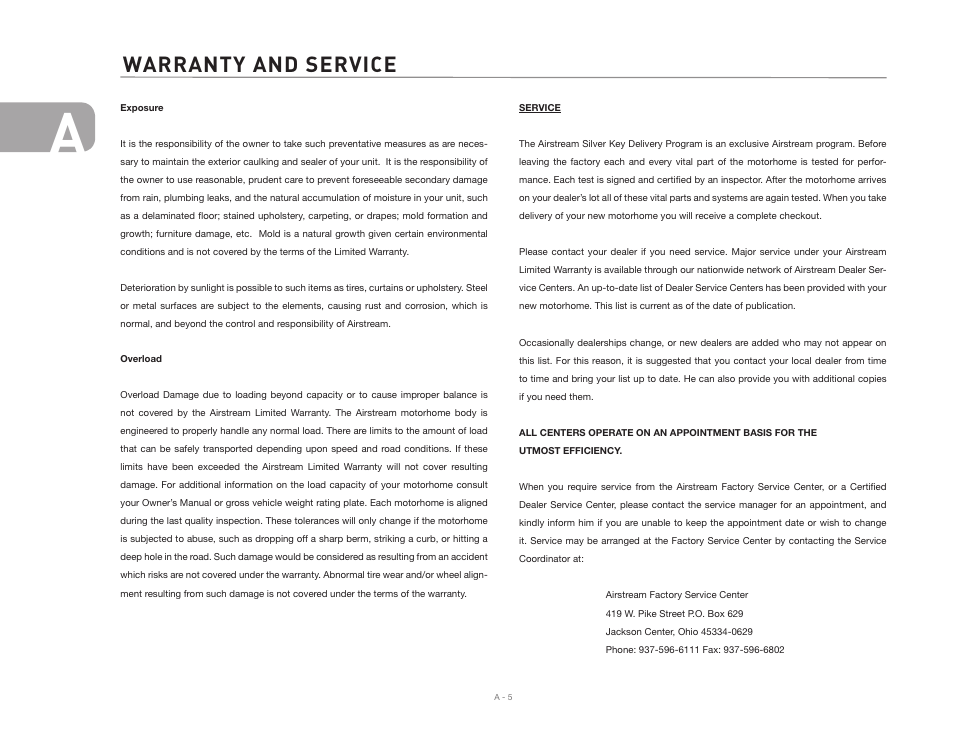 Warranty and service | Airstream 390 User Manual | Page 8 / 103