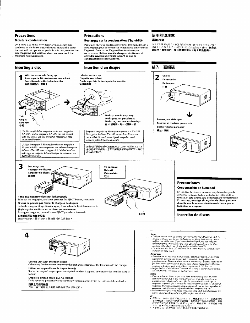 Precautions, Inserting a disc, Précautions | Insertion d'un disque, Inserting a disc précautions, Iiití i: r, Mc‘n^inríi¡n‘ji5f<í i ^ • híítihíí-ítün^hi, Aisíti, Precauciones, Inserción de discos | Sony CDX-605 User Manual | Page 6 / 11