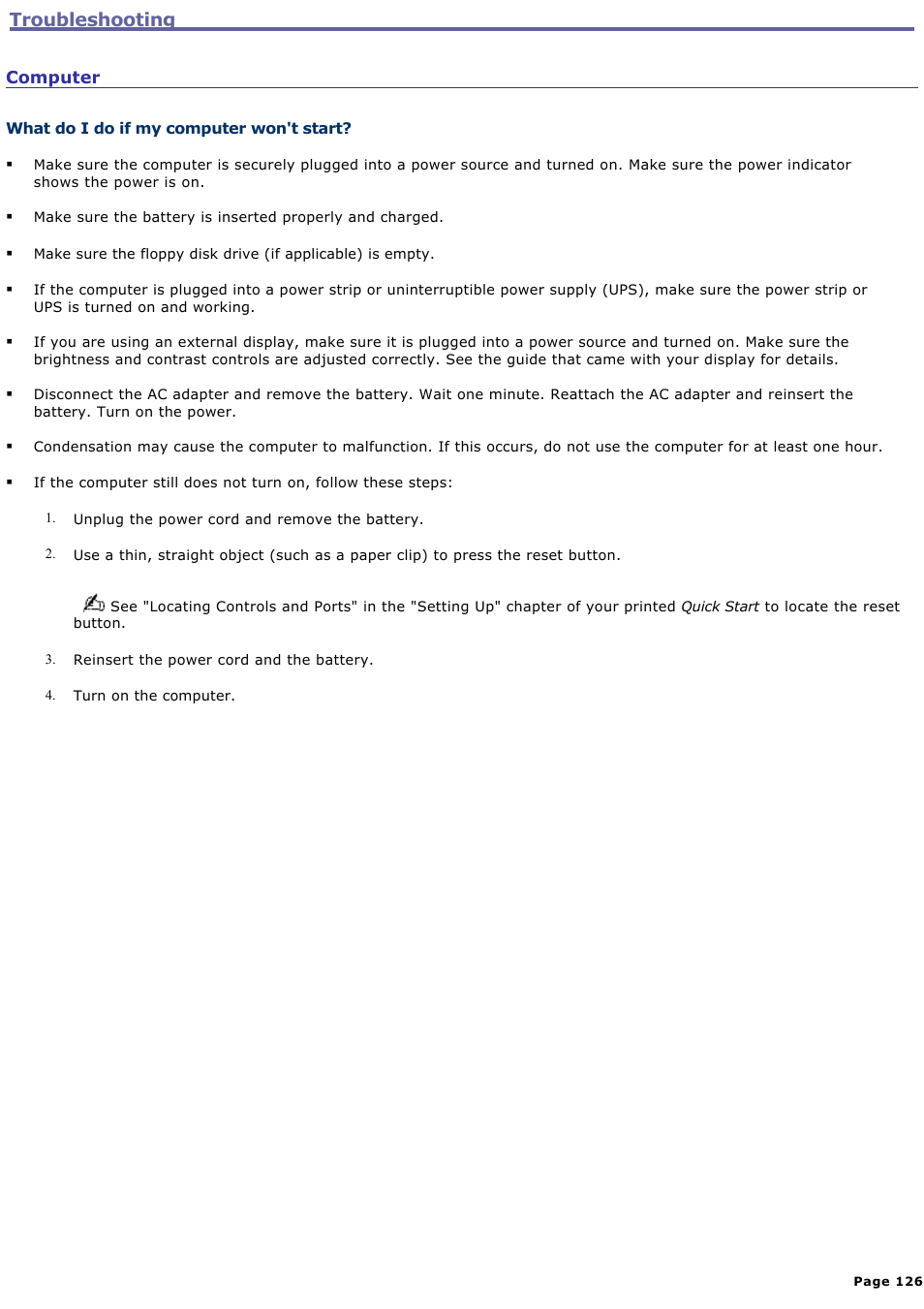 What do i do if my computer won't start, Troubleshooting | Sony PCG-TR3AP1 User Manual | Page 126 / 199