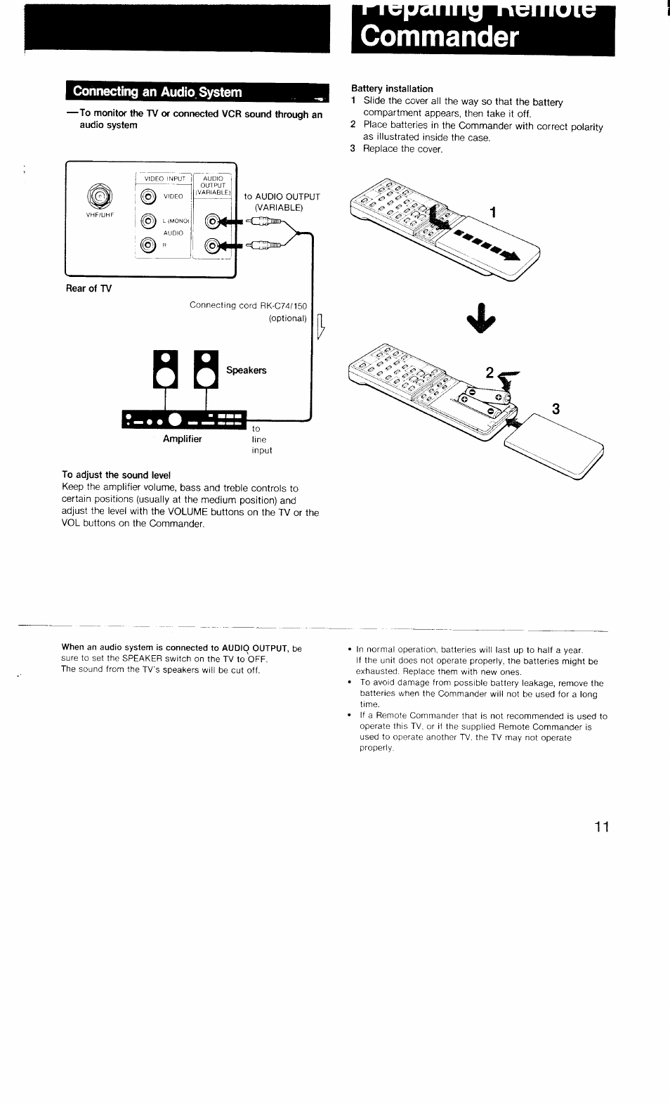 Commander, Connecting an audio. system | Sony KV-27TS20 User Manual | Page 11 / 19
