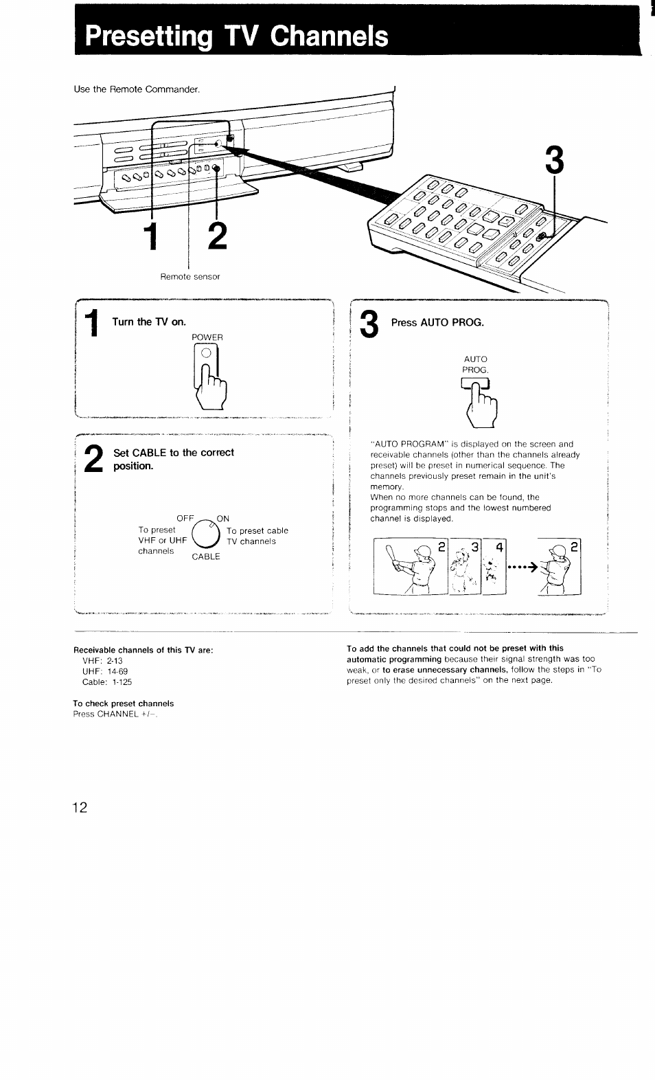 Presetting tv channels, Presetting tv channeis | Sony KV-27TS20 User Manual | Page 12 / 19