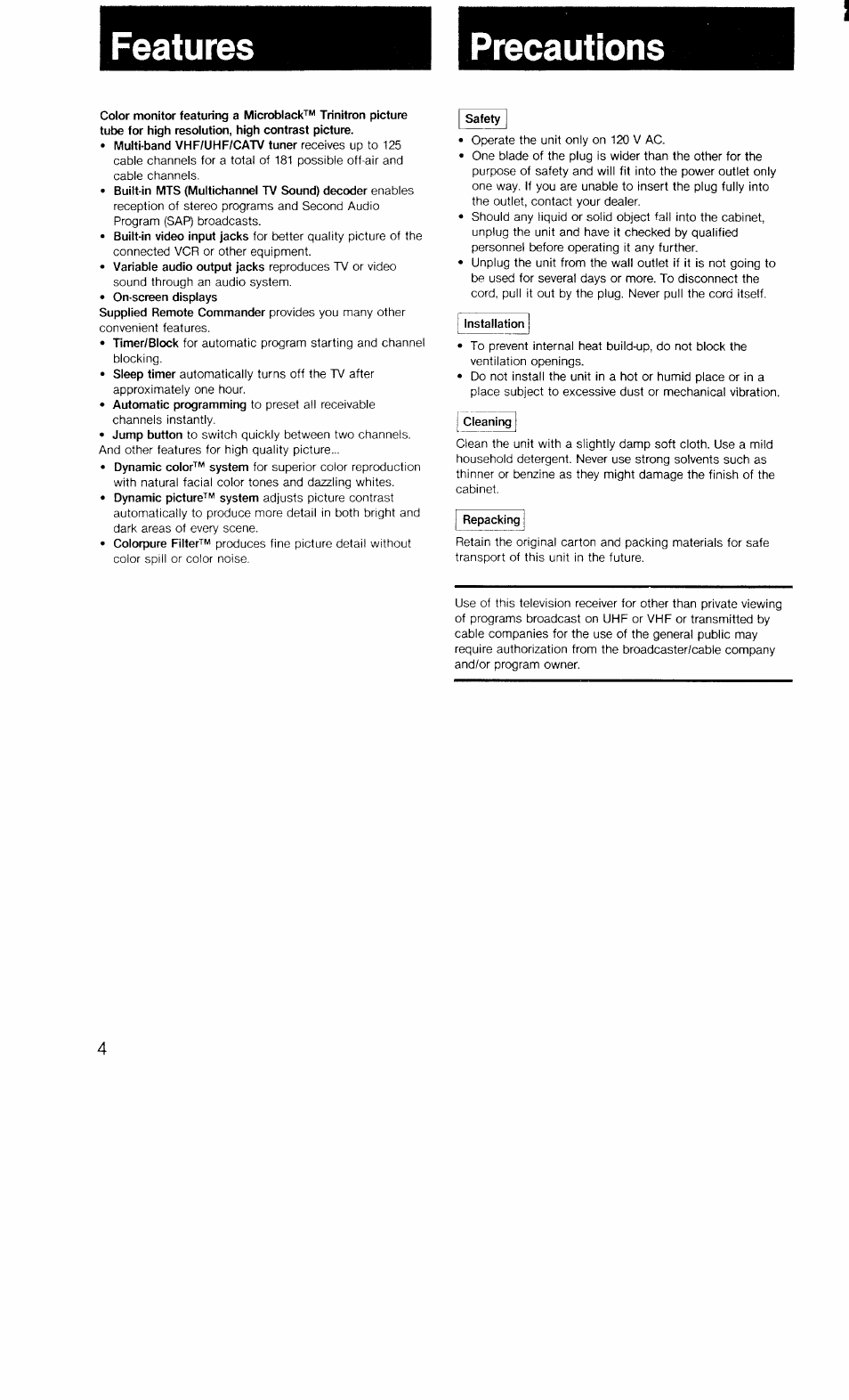 Precautions, Features precautions | Sony KV-27TS20 User Manual | Page 4 / 19