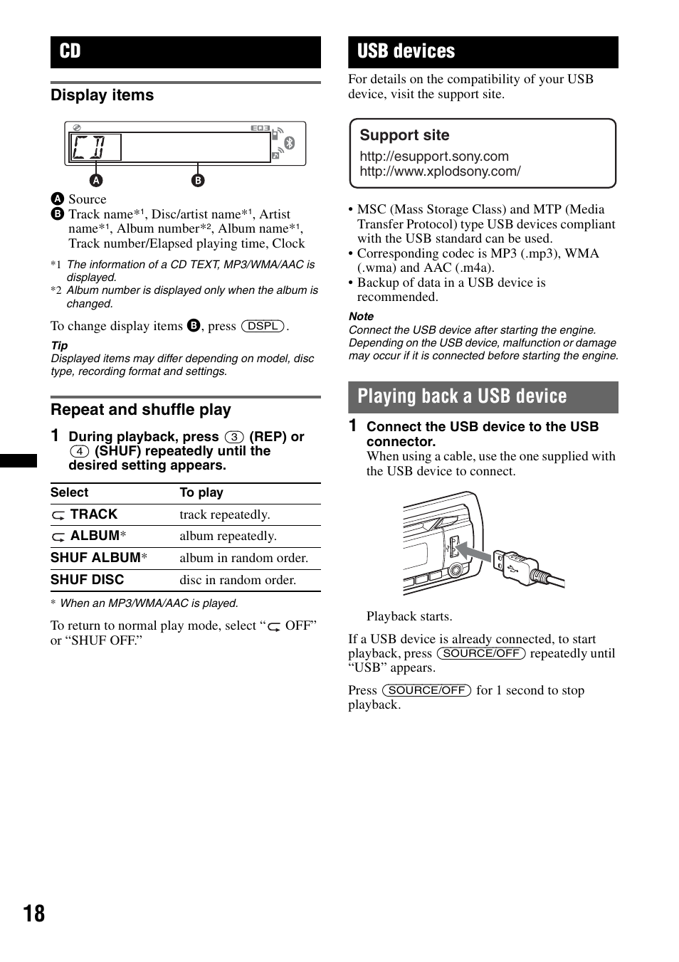 Display items, Repeat and shuffle play, Usb devices | Playing back a usb device, Display items repeat and shuffle play | Sony MEX-BT38UW User Manual | Page 18 / 72