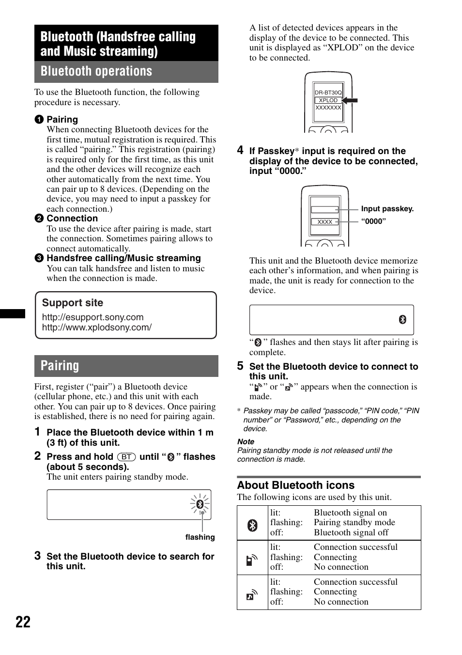 Bluetooth (handsfree calling and music streaming), Bluetooth operations, Pairing | About bluetooth icons, Bluetooth operations pairing | Sony MEX-BT38UW User Manual | Page 22 / 72