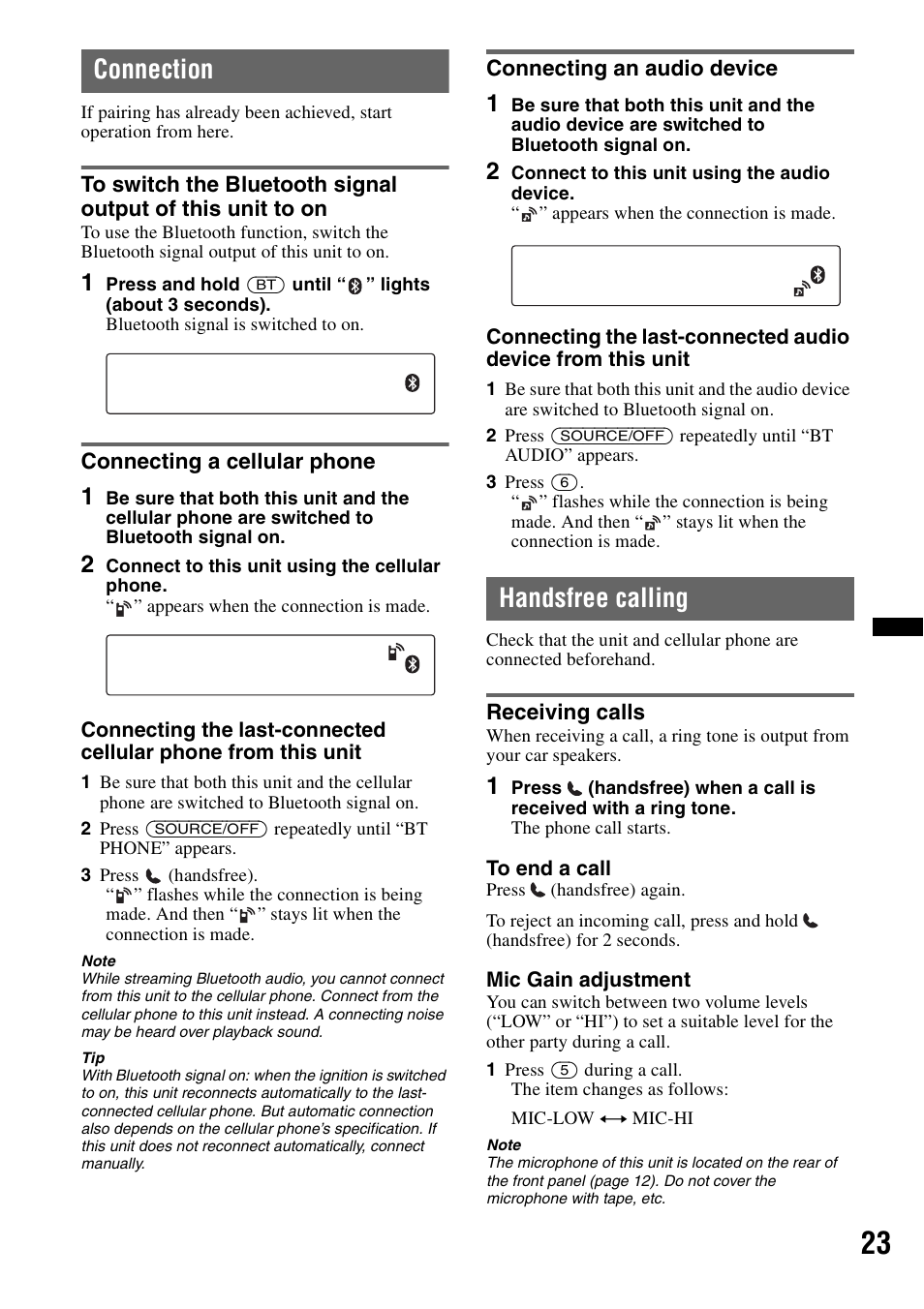 Connection, Connecting a cellular phone, Connecting an audio device | Handsfree calling, Receiving calls | Sony MEX-BT38UW User Manual | Page 23 / 72