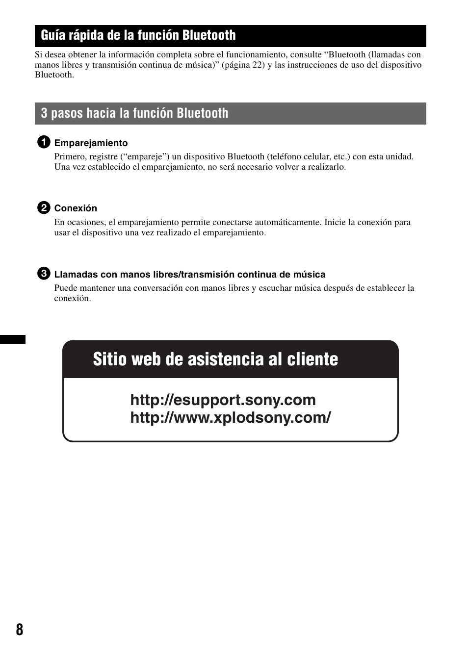 Guía rápida de la función bluetooth, 3 pasos hacia la función bluetooth, Sitio web de asistencia al cliente | Sony MEX-BT38UW User Manual | Page 42 / 72