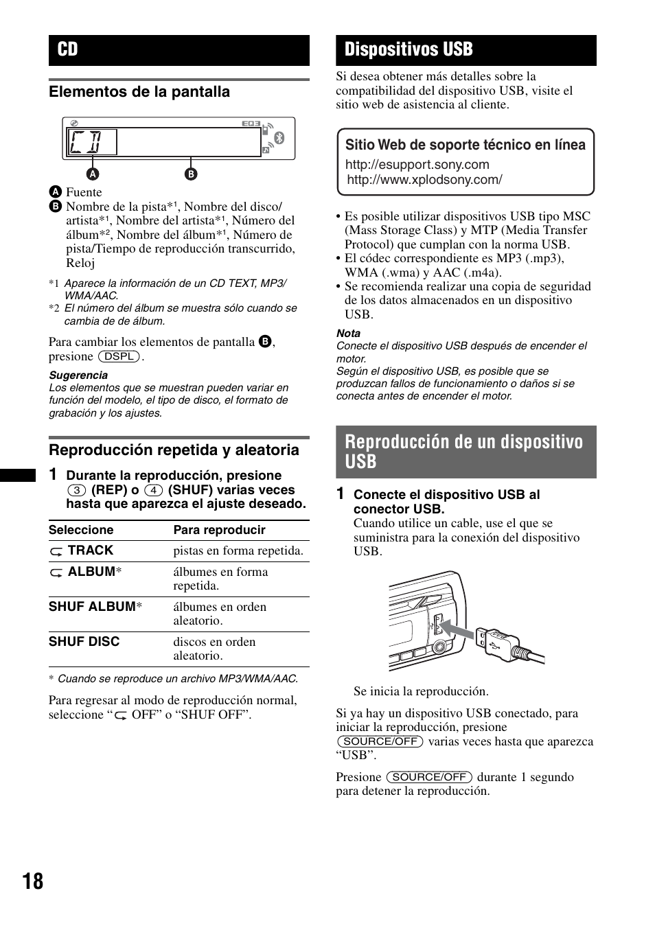 Elementos de la pantalla, Reproducción repetida y aleatoria, Dispositivos usb | Reproducción de un dispositivo usb | Sony MEX-BT38UW User Manual | Page 52 / 72