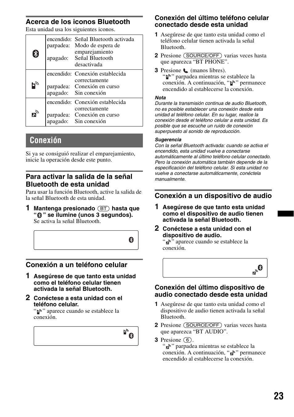 Acerca de los iconos bluetooth, Conexión, Conexión a un teléfono celular | Conexión a un dispositivo de audio | Sony MEX-BT38UW User Manual | Page 57 / 72