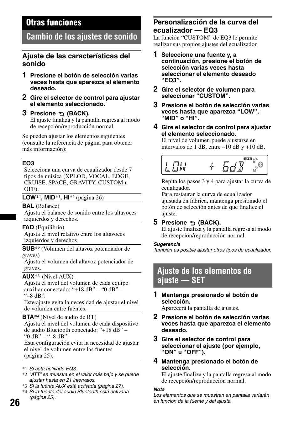 Otras funciones, Cambio de los ajustes de sonido, Ajuste de las características del sonido | Personalización de la curva del ecualizador - eq3, Ajuste de los elementos de ajuste - set, Ajuste de los elementos de ajuste — set, Otras funciones cambio de los ajustes de sonido | Sony MEX-BT38UW User Manual | Page 60 / 72