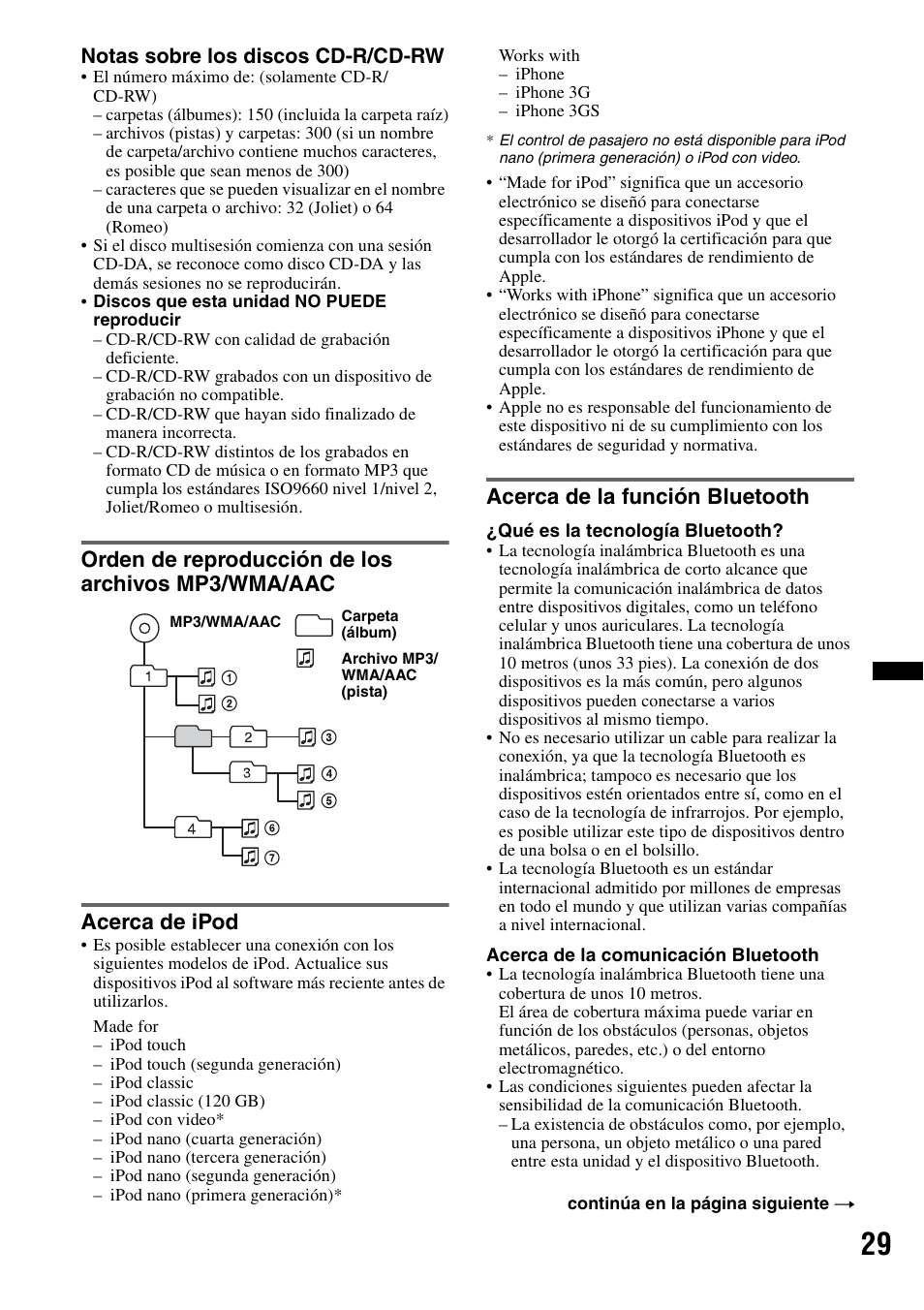 Orden de reproducción de los archivos mp3/wma/aac, Acerca de ipod, Acerca de la función bluetooth | Notas sobre los discos cd-r/cd-rw | Sony MEX-BT38UW User Manual | Page 63 / 72