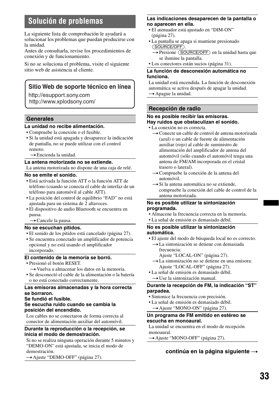 Solución de problemas, Sitio web de soporte técnico en línea | Sony MEX-BT38UW User Manual | Page 67 / 72