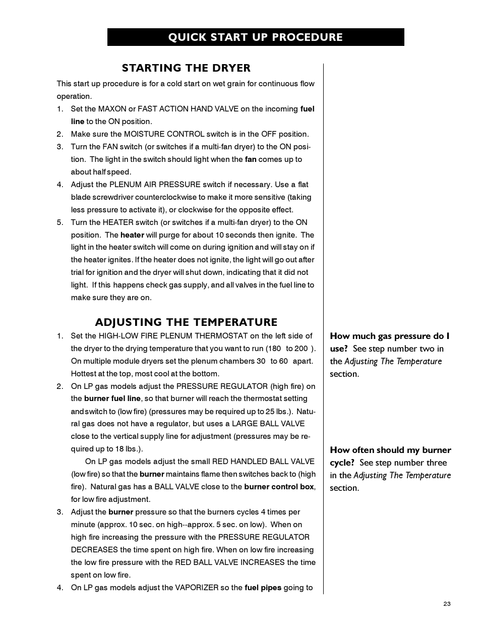 Quick start up procedure starting the dryer, Adjusting the temperature | Airstream 1100 SERIES SINGLE FAN PNEG-339 User Manual | Page 23 / 54