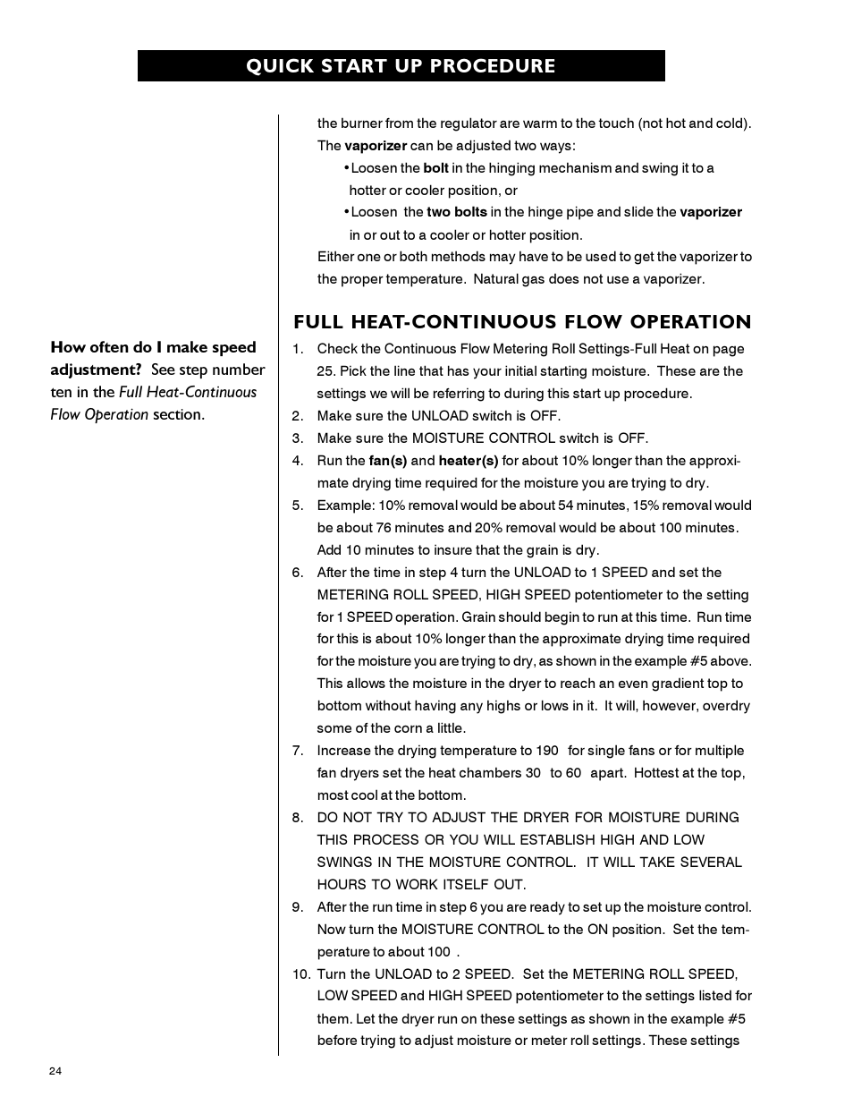 Quick start up procedure, Full heat-continuous flow operation | Airstream 1100 SERIES SINGLE FAN PNEG-339 User Manual | Page 24 / 54