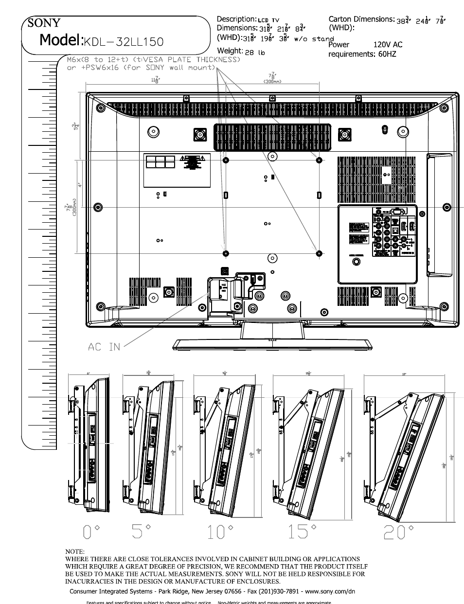 Lo requirements: 60hz, Model, Isi-si | Sony KDL-32LL150 User Manual | Page 2 / 2