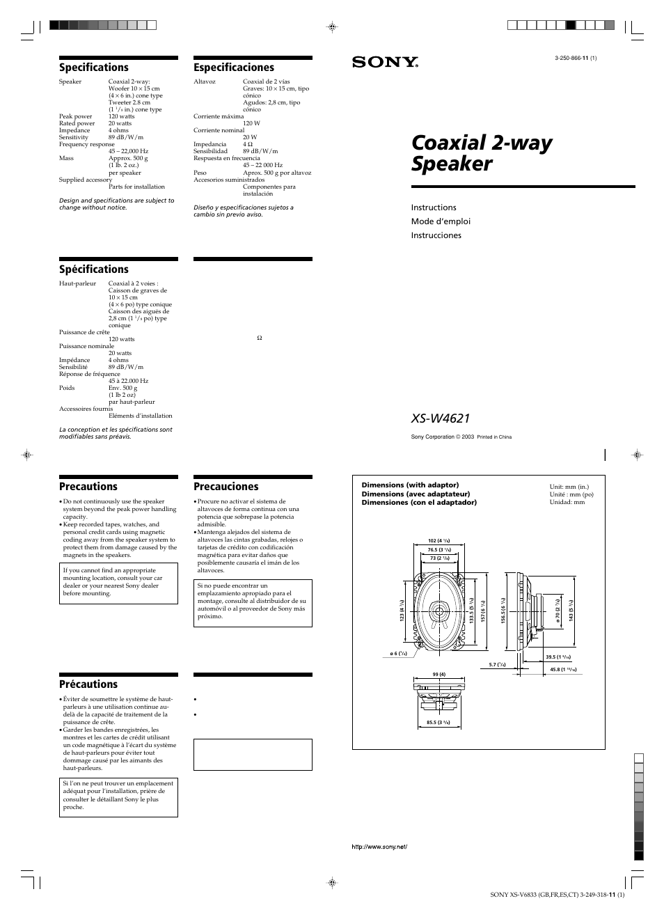 Sony XS-W4621 User Manual | 2 pages