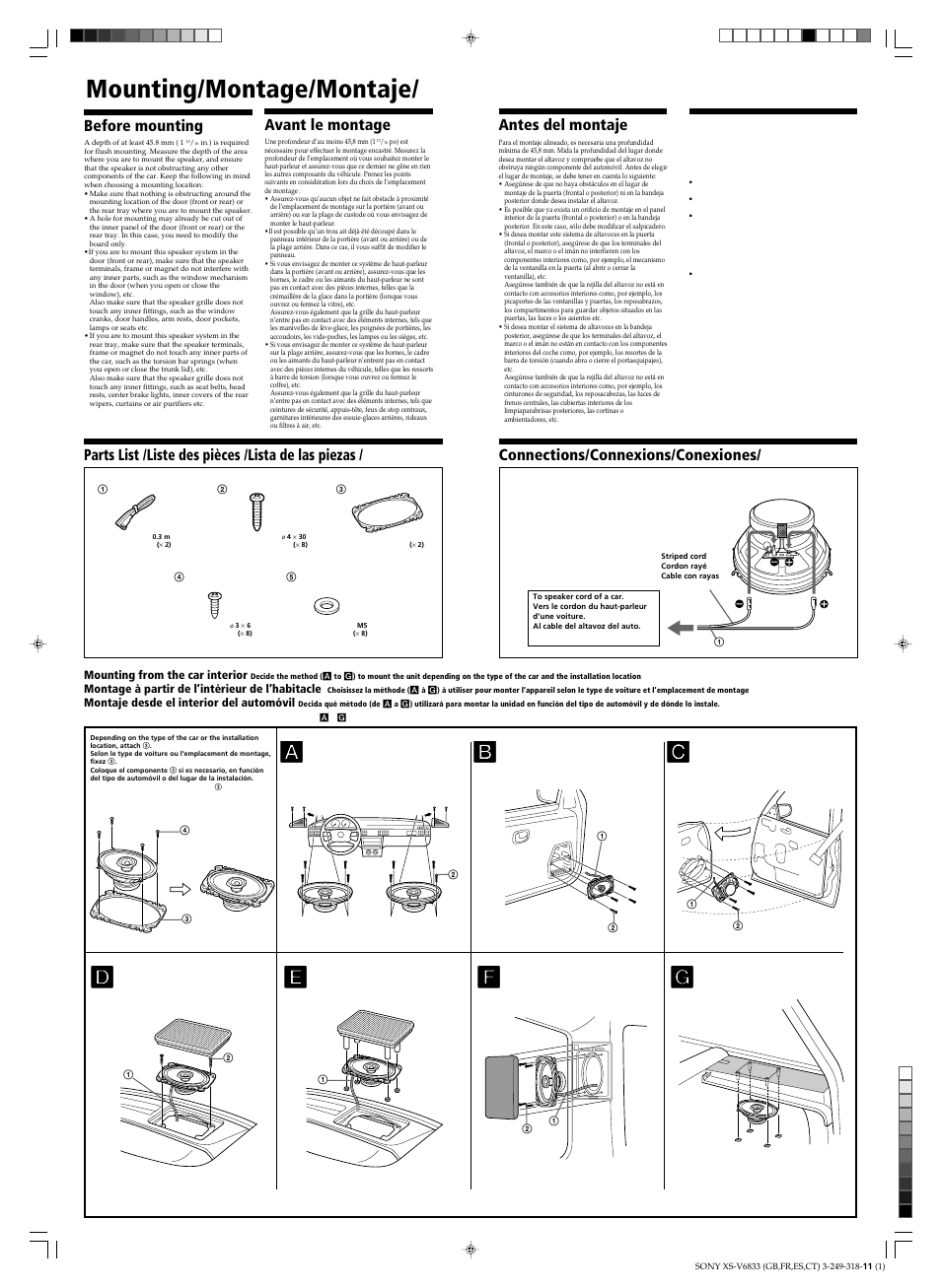 Mounting/montage/montaje/ 安裝, Before mounting, Avant le montage | Antes del montaje, 安裝以前, Connections/connexions/conexiones/ 線路連接 | Sony XS-W4621 User Manual | Page 2 / 2