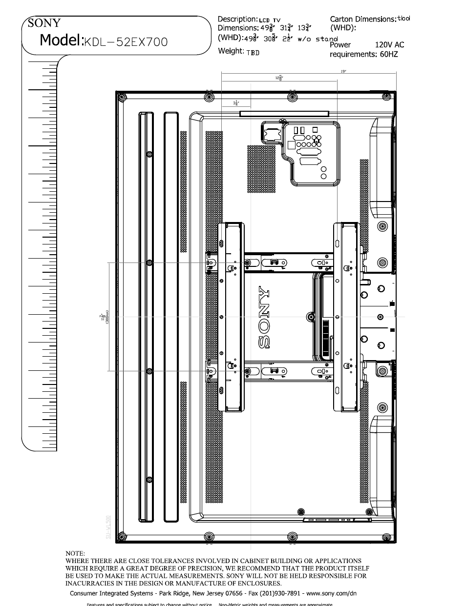 Power, Weight: jbd, Model | Sony KDL-52EX700 User Manual | Page 4 / 6