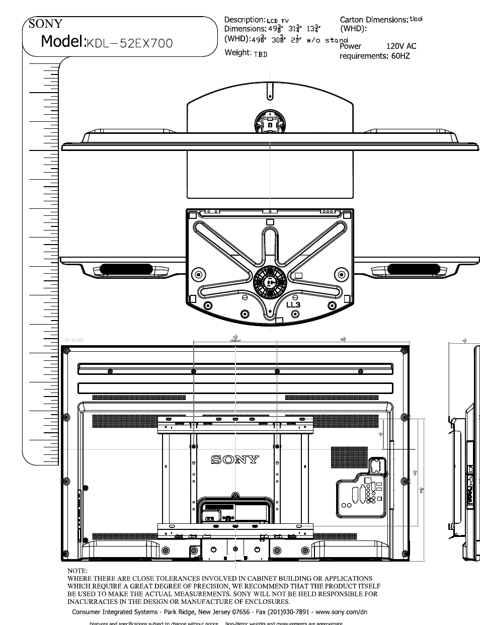 Power, Weight: jbd, Model | Sony KDL-52EX700 User Manual | Page 5 / 6