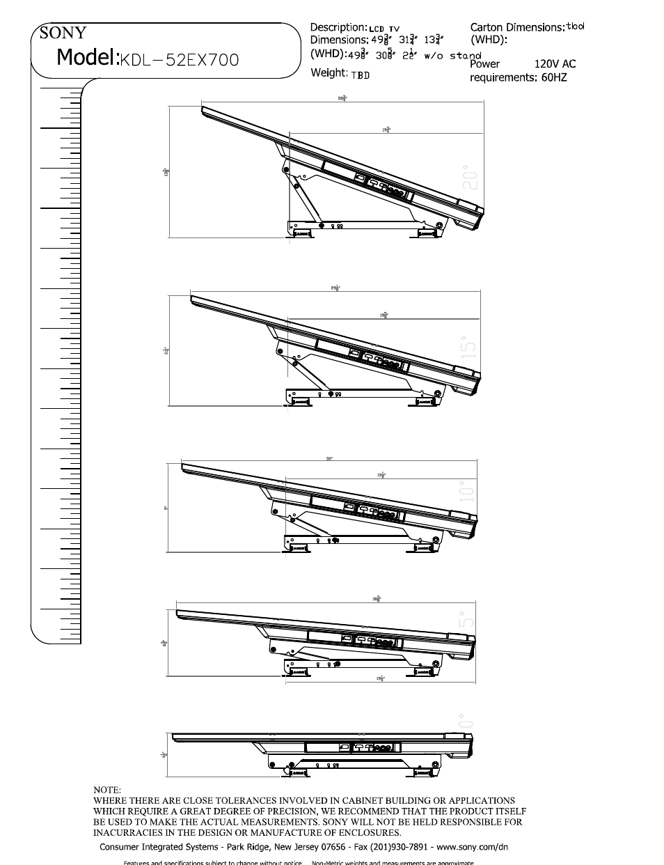 Carton dimensions:^:^^ (whd), Power 120v ac, Weight: jbd requirements: 60hz | Model | Sony KDL-52EX700 User Manual | Page 6 / 6