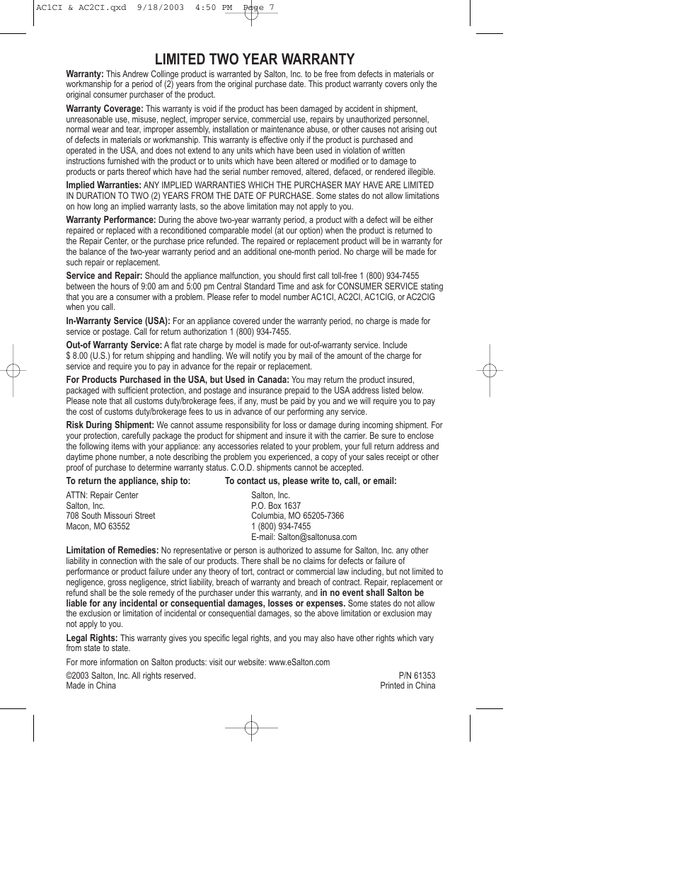Limited two year warranty | Salton, Inc AC2CIG User Manual | Page 12 / 12