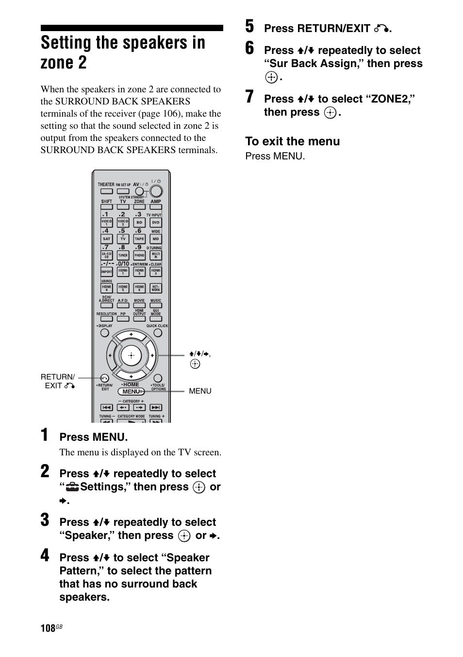 Setting the speakers in zone 2 | Sony STR-DA5500ES User Manual | Page 108 / 198