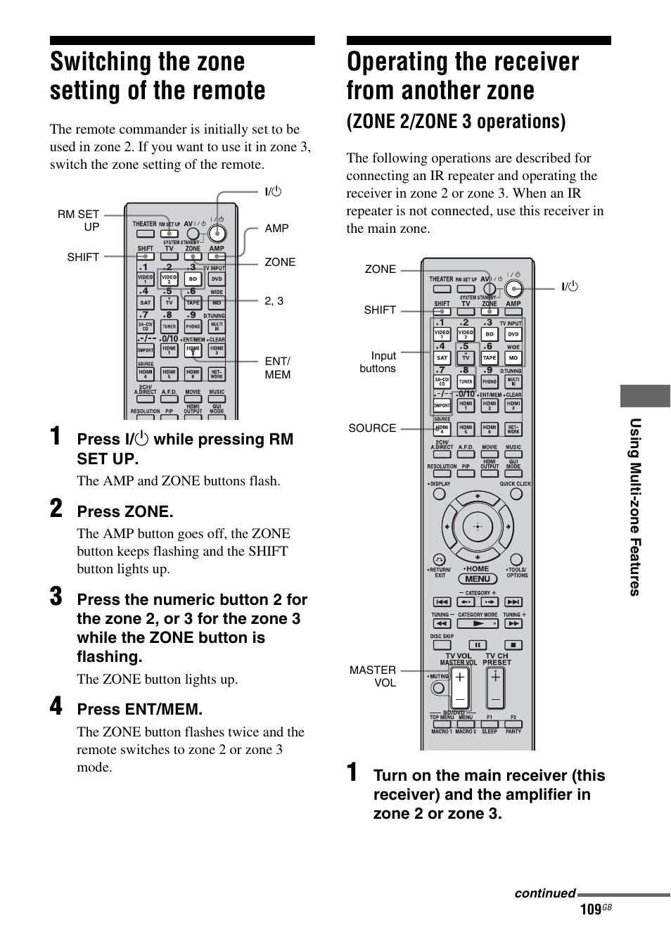 Switching the zone setting of the remote, Switching the zone setting of the, Remote | Operating the receiver from another zone, Zone 2/zone 3 operations) | Sony STR-DA5500ES User Manual | Page 109 / 198
