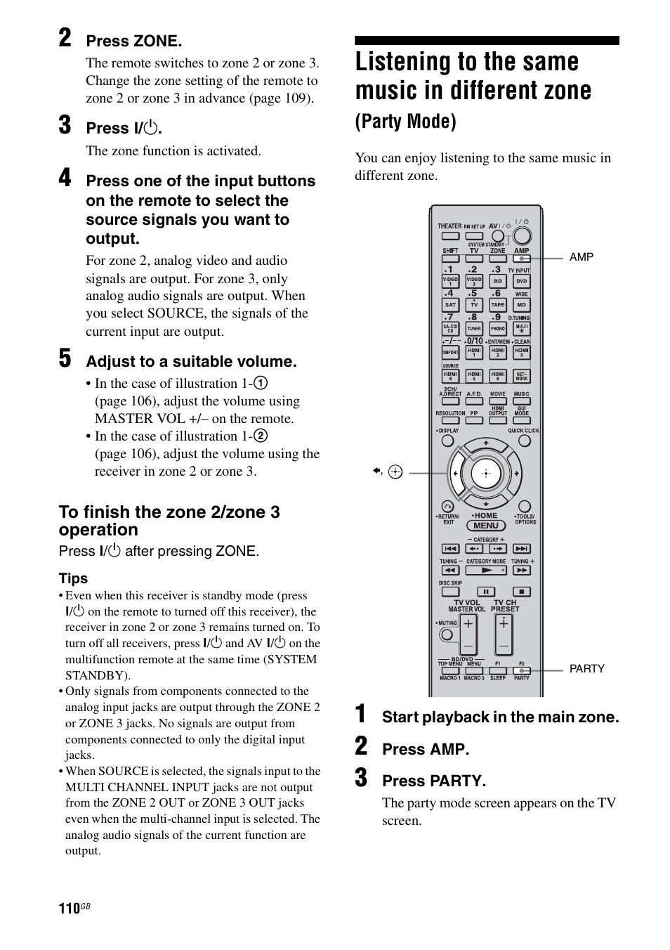 Listening to the same music in different zone, Party mode) | Sony STR-DA5500ES User Manual | Page 110 / 198