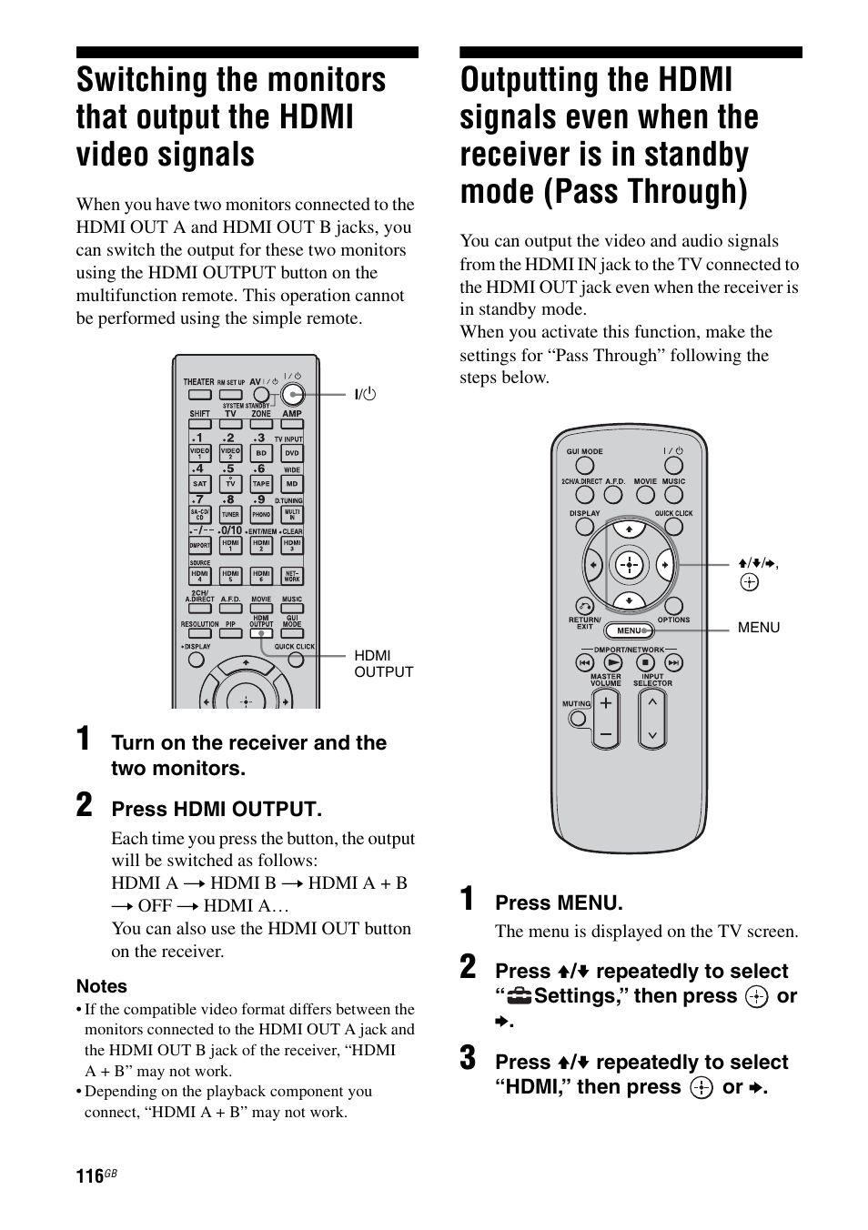 Switching the monitors that output the hdmi, Video signals, Outputting the hdmi signals even when the | Receiver is in standby mode (pass through) | Sony STR-DA5500ES User Manual | Page 116 / 198