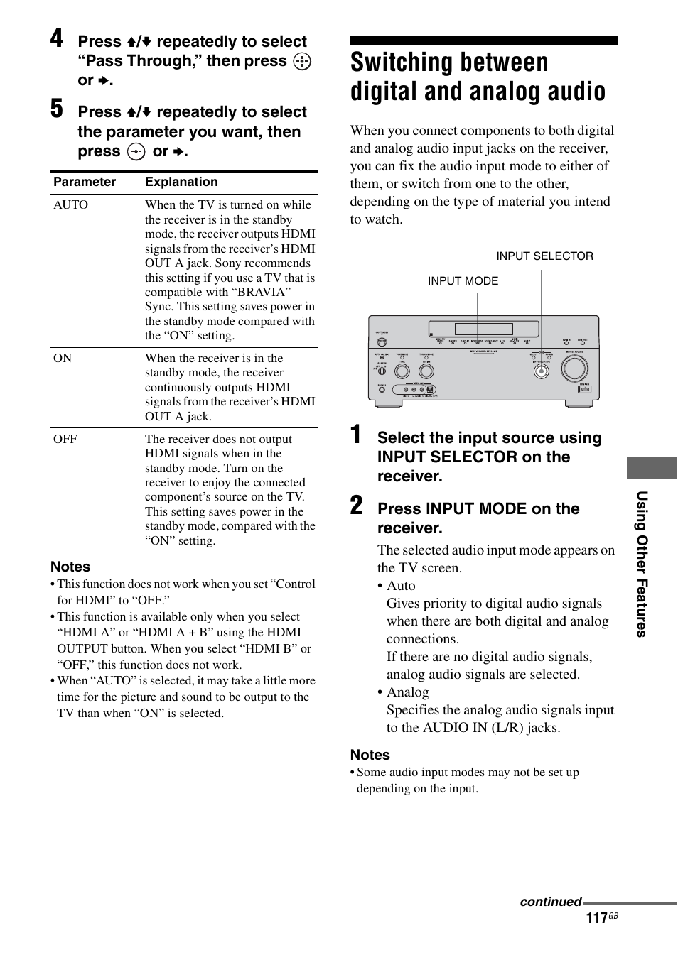Switching between digital and analog audio, Switching between digital and analog, Audio | Sony STR-DA5500ES User Manual | Page 117 / 198