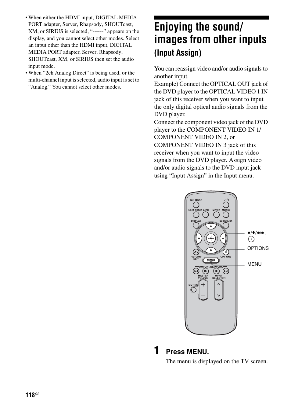 Enjoying the sound/images from other inputs, Input assign), Enjoying the sound/ images from other inputs | Sony STR-DA5500ES User Manual | Page 118 / 198