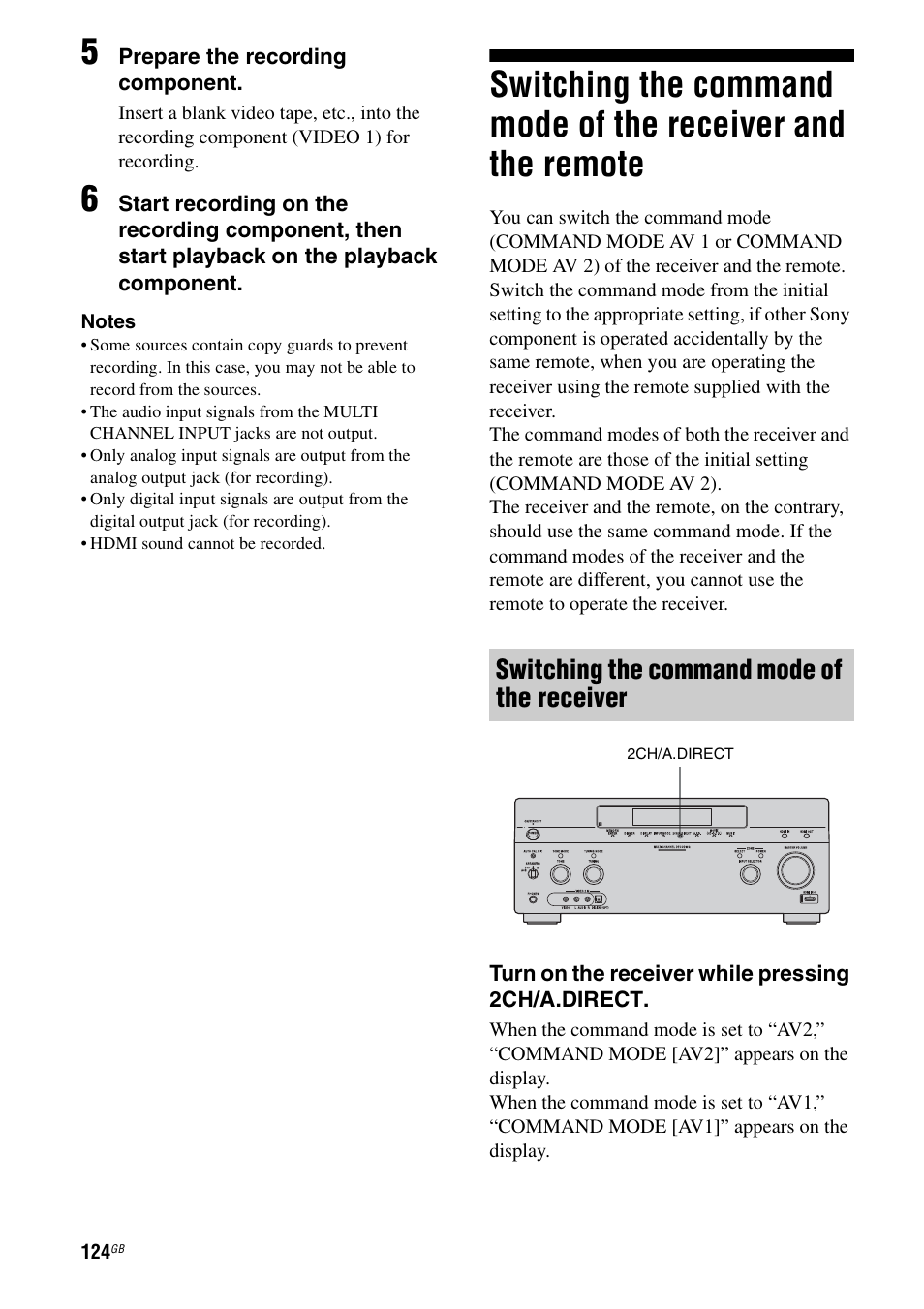Switching the command mode of the receiver, And the remote | Sony STR-DA5500ES User Manual | Page 124 / 198