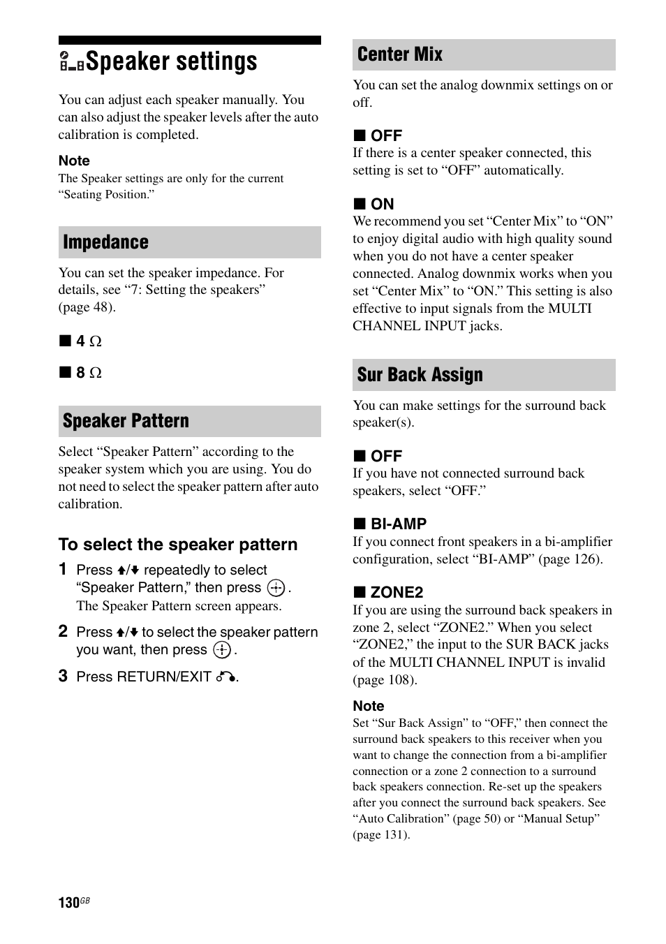 Speaker settings | Sony STR-DA5500ES User Manual | Page 130 / 198