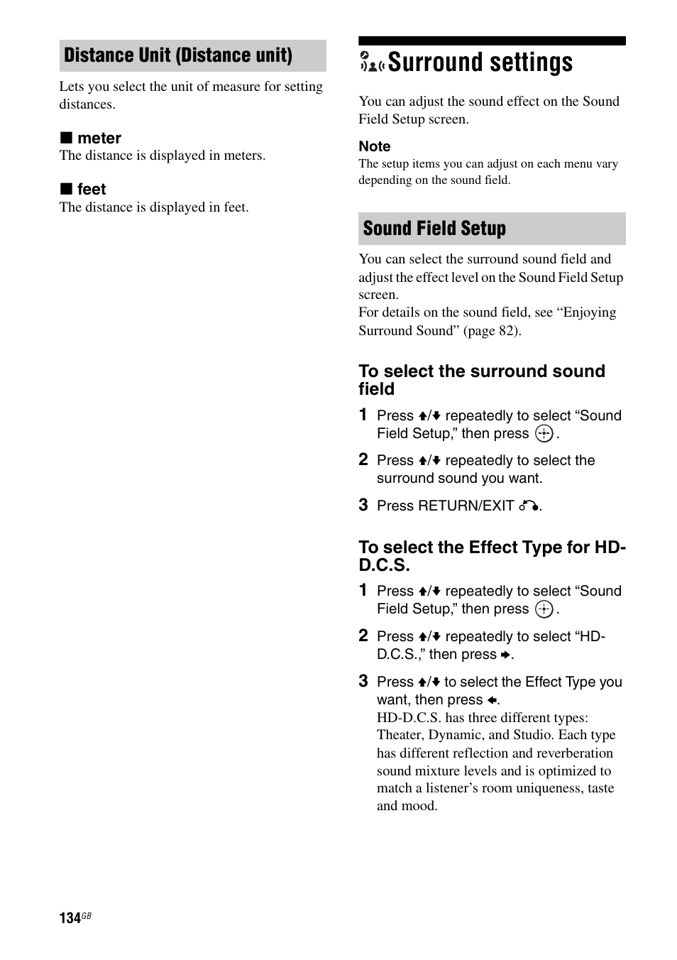 Surround settings, Distance unit (distance unit) sound field setup | Sony STR-DA5500ES User Manual | Page 134 / 198