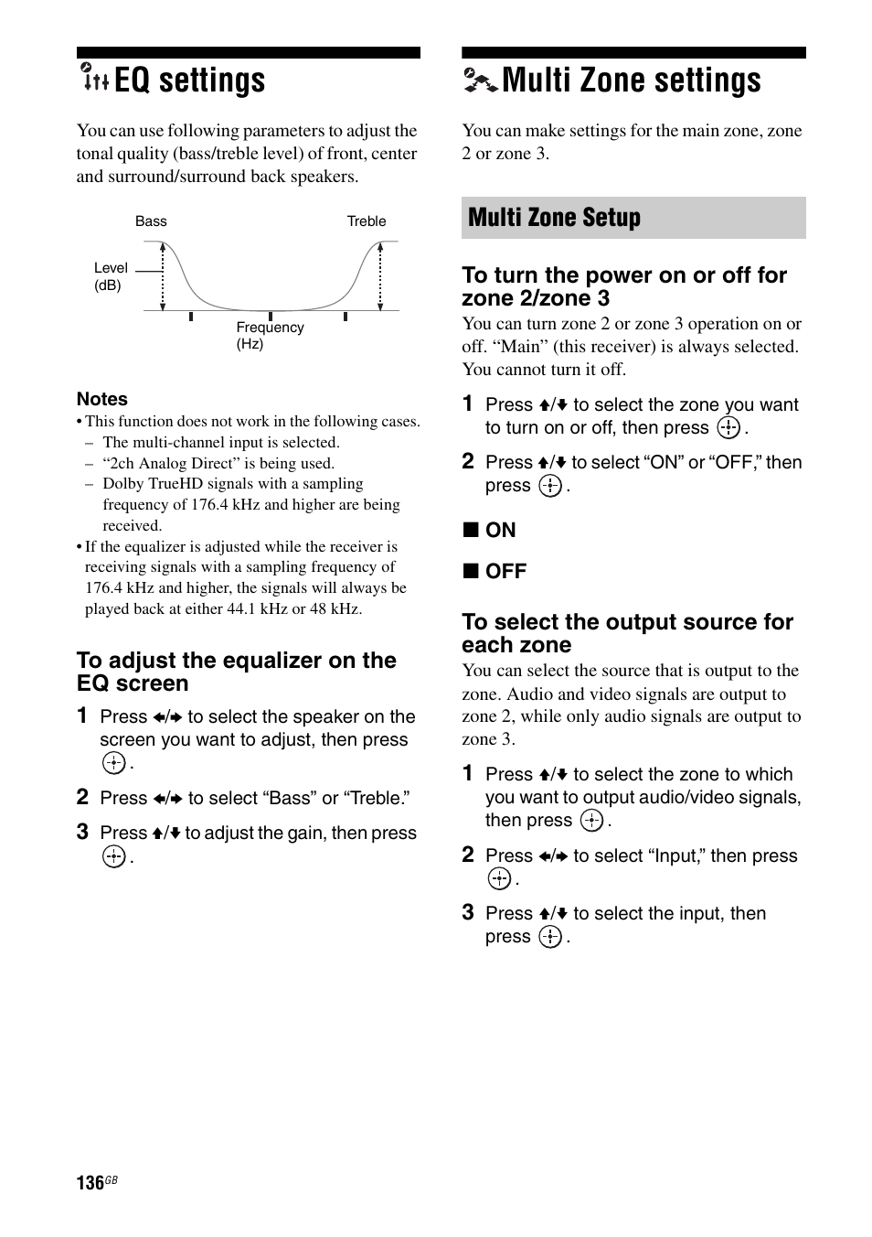 Eq settings, Multi zone settings, Eq settings multi zone settings | Multi zone setup | Sony STR-DA5500ES User Manual | Page 136 / 198