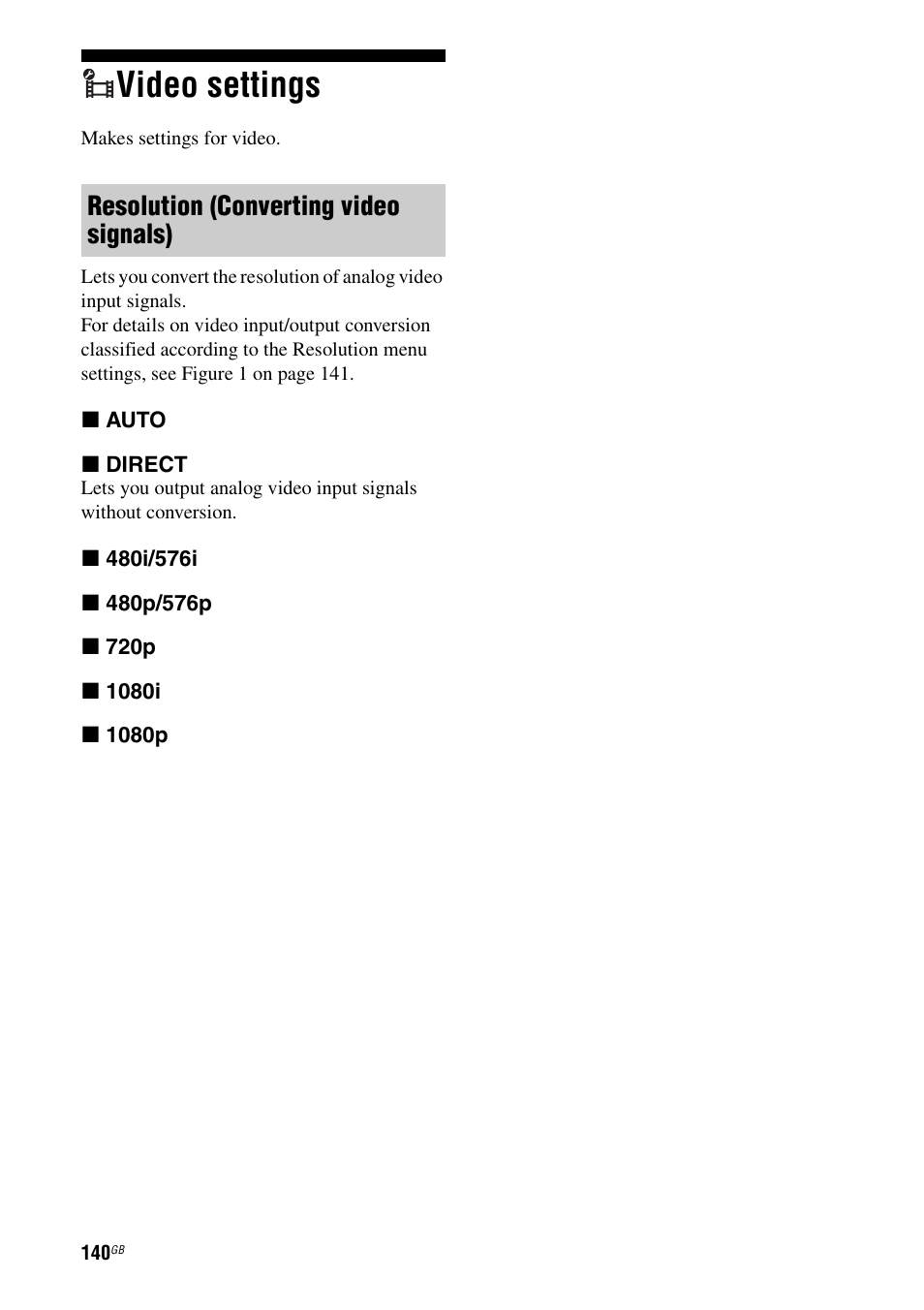 Video settings, Resolution (converting video signals) | Sony STR-DA5500ES User Manual | Page 140 / 198