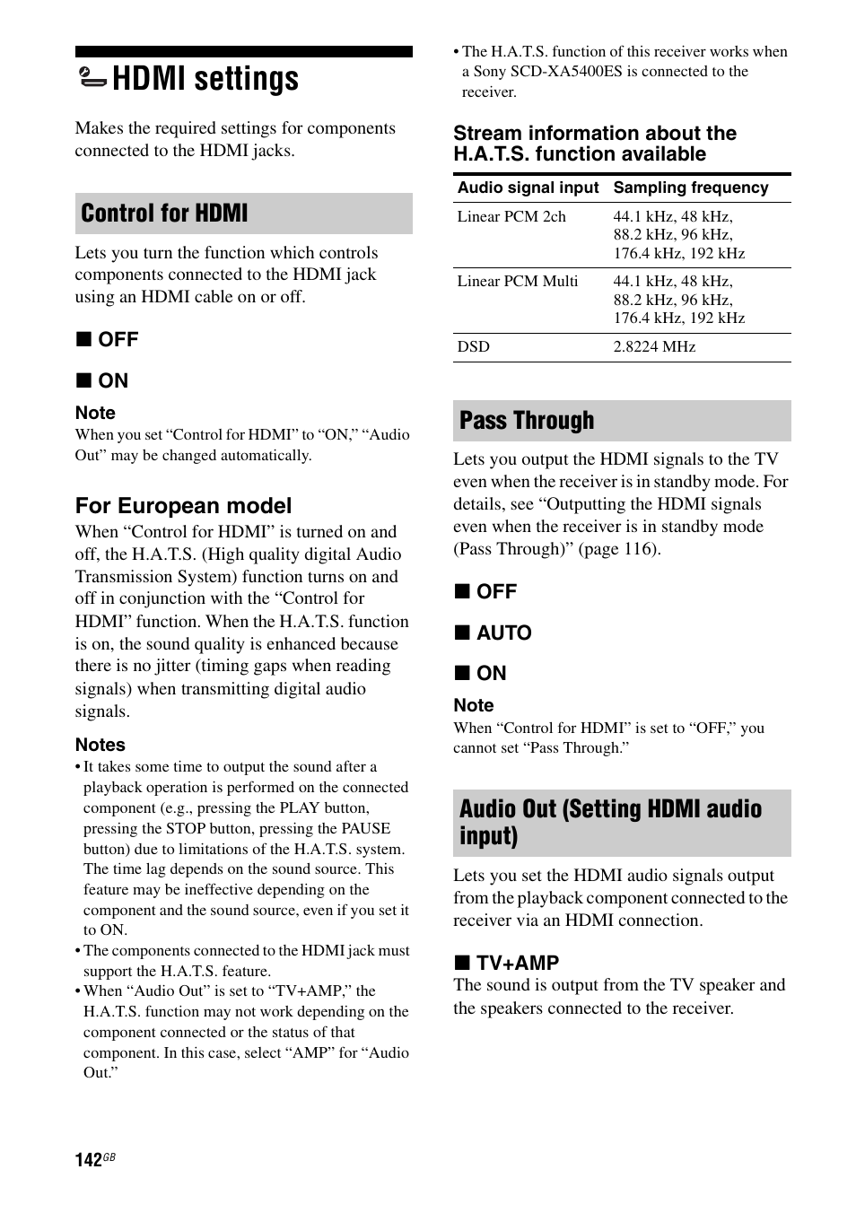 Hdmi settings, Control for hdmi, Pass through audio out (setting hdmi audio input) | For european model | Sony STR-DA5500ES User Manual | Page 142 / 198