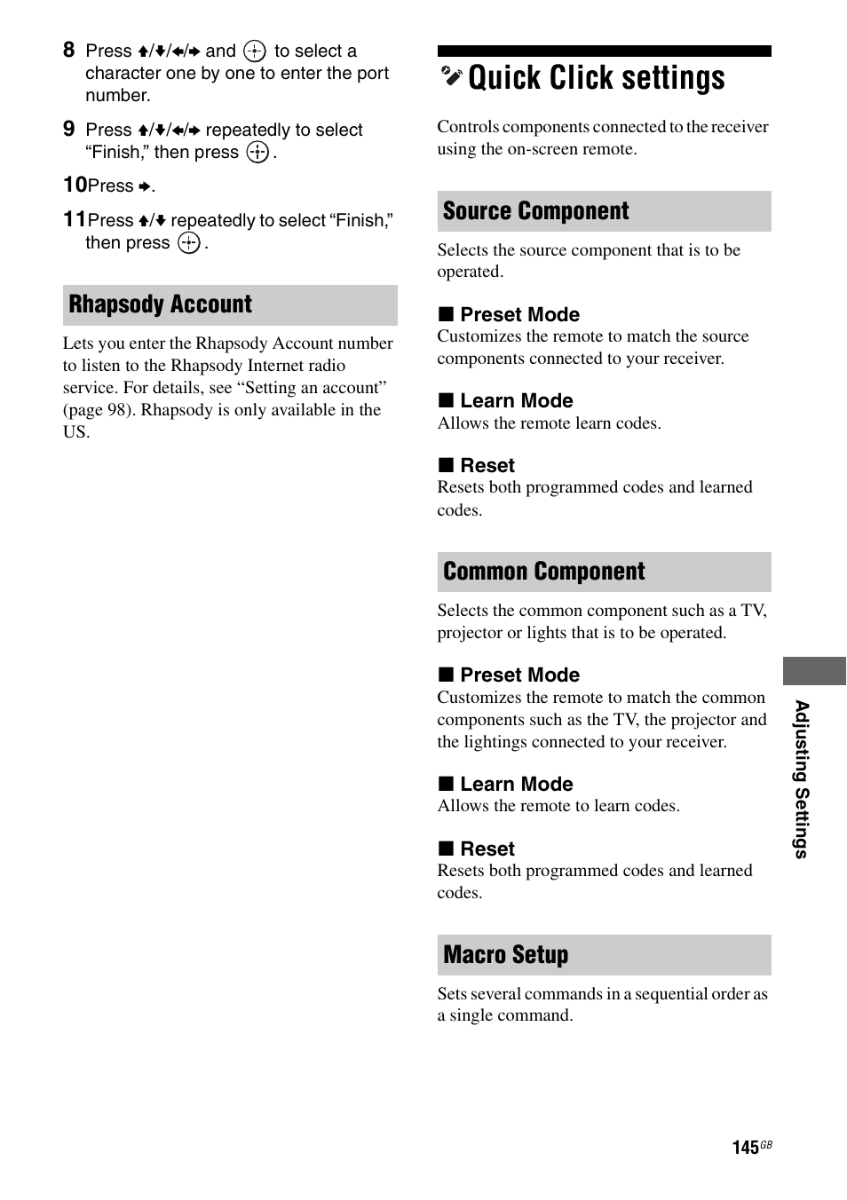 Quick click settings | Sony STR-DA5500ES User Manual | Page 145 / 198