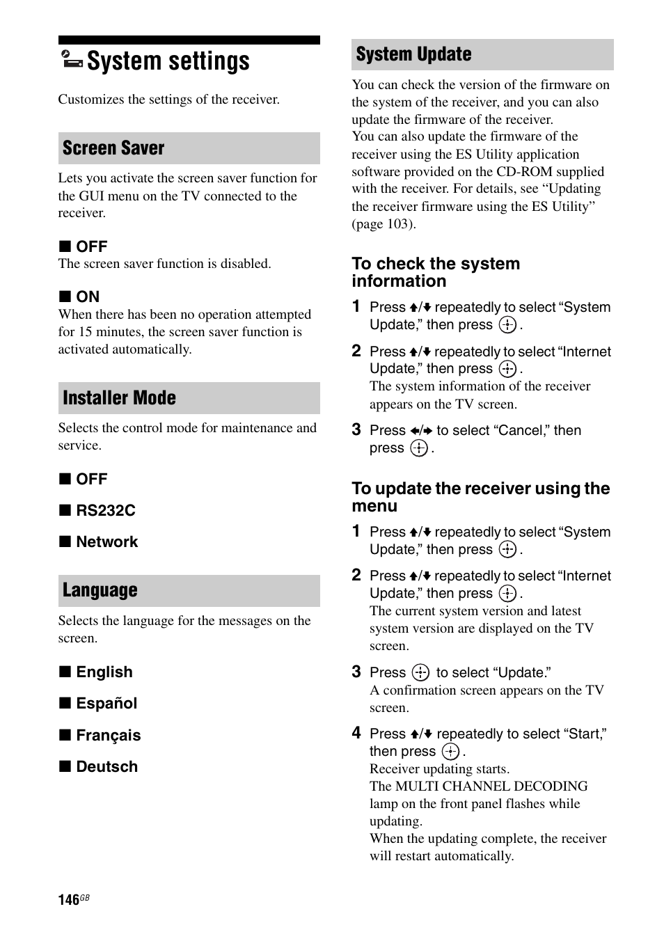 System settings, Screen saver installer mode language system update | Sony STR-DA5500ES User Manual | Page 146 / 198