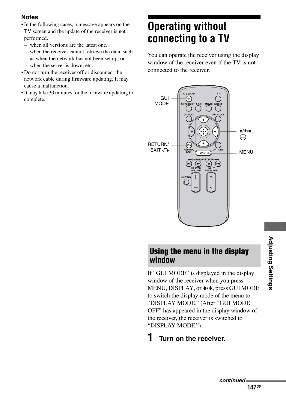 Operating without connecting to a tv, Using the menu in the display window | Sony STR-DA5500ES User Manual | Page 147 / 198