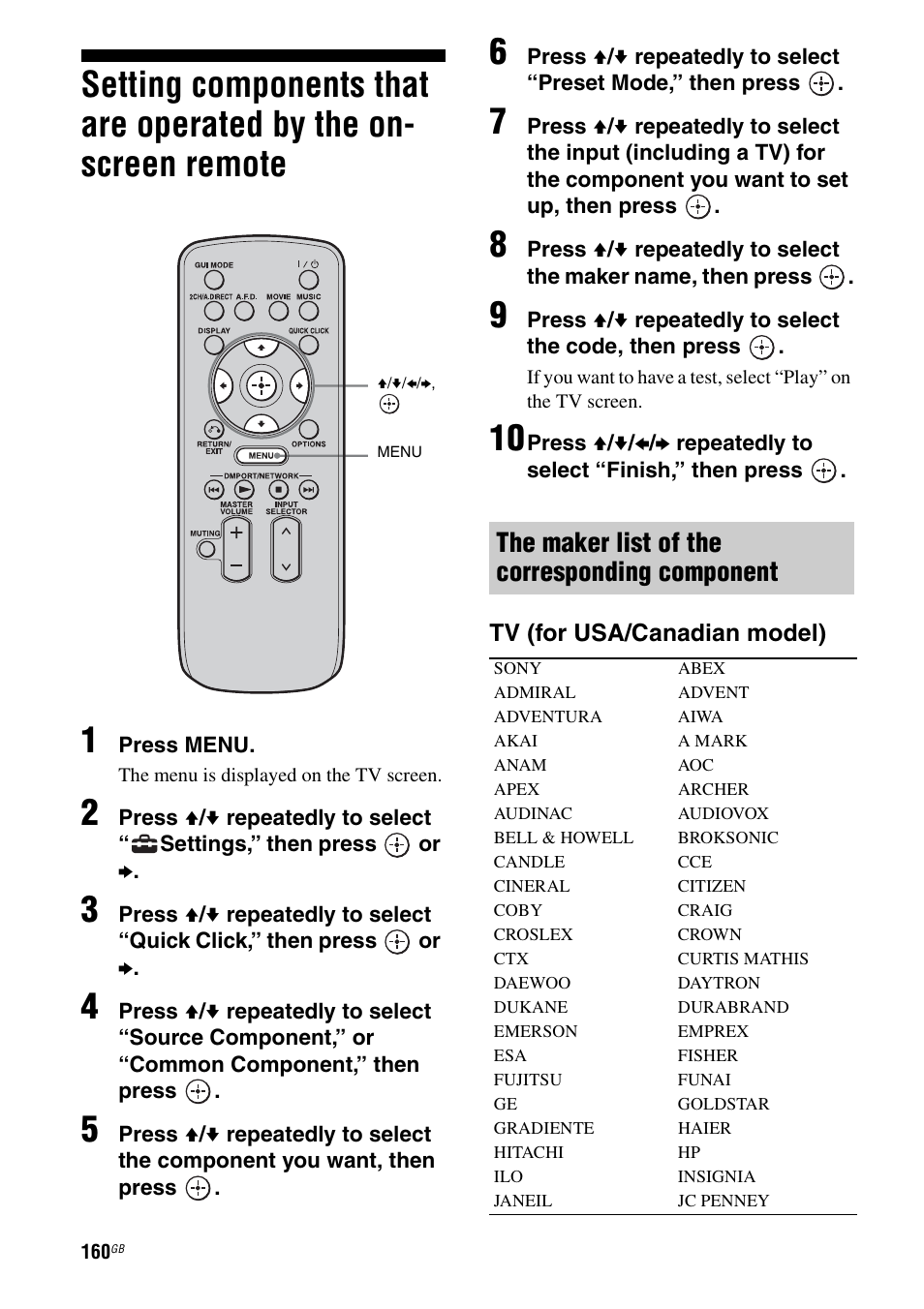 Setting components that are operated by the, On-screen remote, The maker list of the corresponding component | Sony STR-DA5500ES User Manual | Page 160 / 198