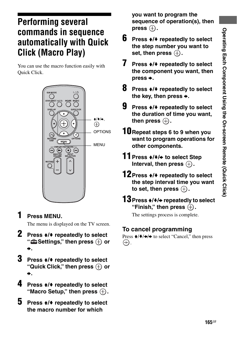 Performing several commands in sequence, Automatically with quick click (macro play) | Sony STR-DA5500ES User Manual | Page 165 / 198
