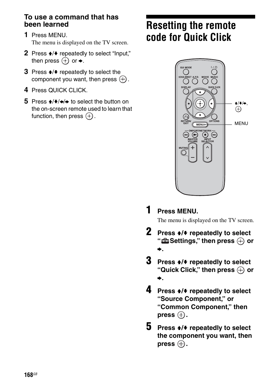 Resetting the remote code for quick click, Resetting the remote code for quick, Click | Resetting the remote code for quick click 1 | Sony STR-DA5500ES User Manual | Page 168 / 198