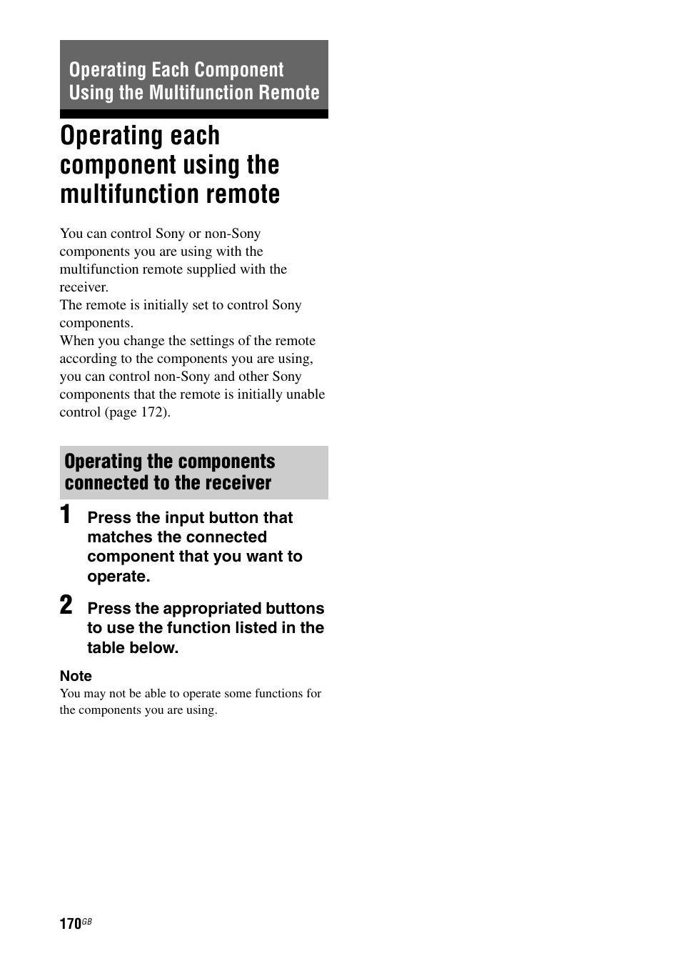 Operating each component using the, Multifunction remote | Sony STR-DA5500ES User Manual | Page 170 / 198