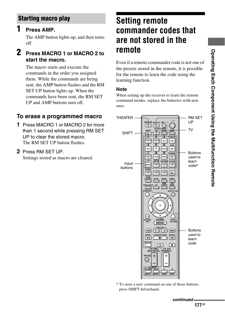 Setting remote commander codes that are not, Stored in the remote, Starting macro play | Sony STR-DA5500ES User Manual | Page 177 / 198
