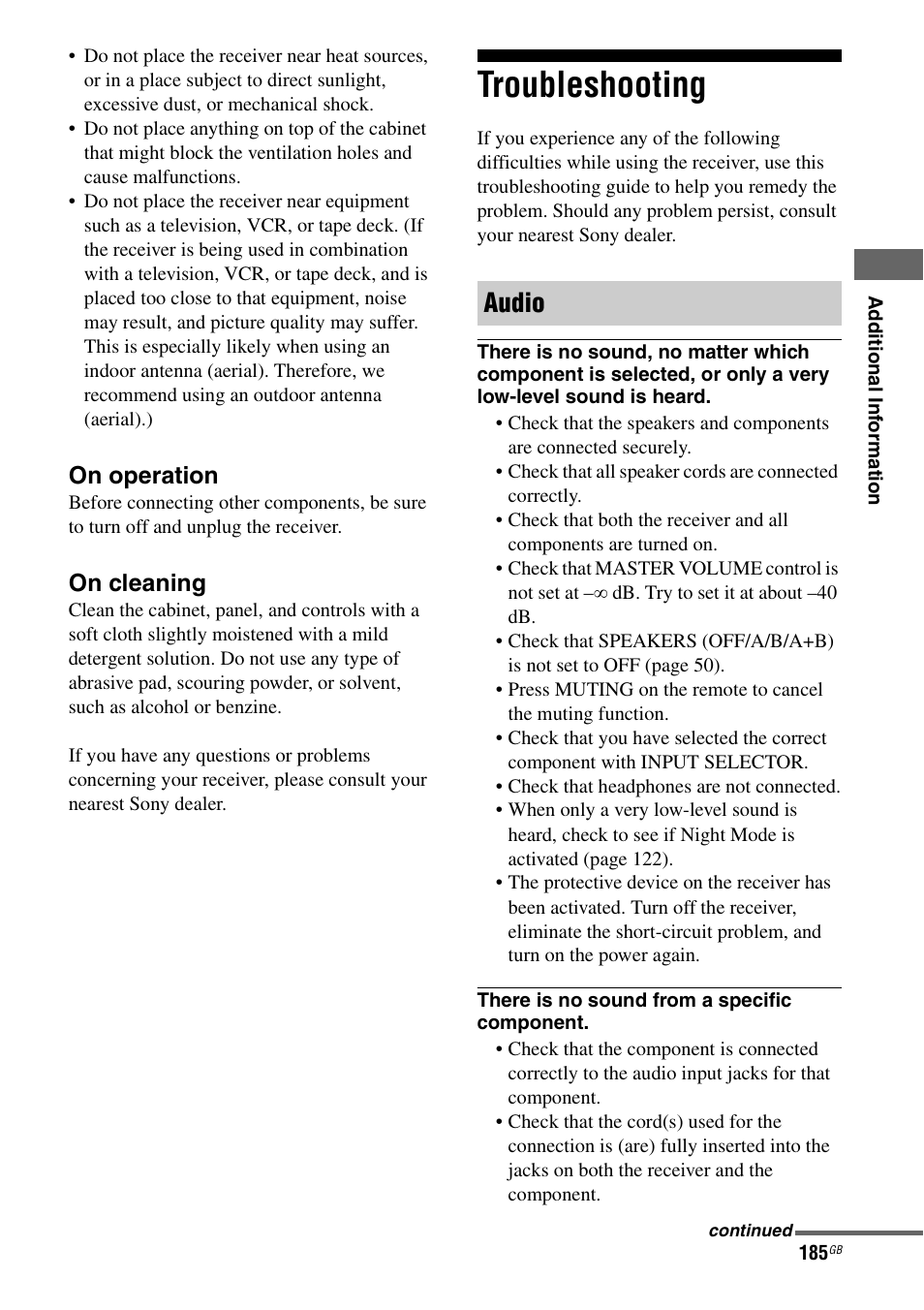 Troubleshooting, Audio, On operation | On cleaning | Sony STR-DA5500ES User Manual | Page 185 / 198