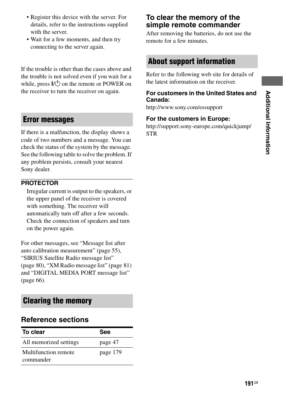 About support information | Sony STR-DA5500ES User Manual | Page 191 / 198